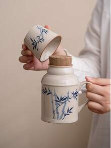 Vintage Ceramic Carafe And Mug Set. Large-Capacity Water Jug With Lid And Handle. Elegant Tea Set For Loose Tea And Cold Drinks. Small Ceramic Teapot. Retro Kung Fu Tea Kettle For Home Or Office. Portable Serving Dish, Small   With Lid. Ceramic Teacup Set. Chinese-Style Bottle With Handle For Home Or Office. - Tre xanh - Xem 5