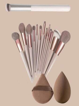 这款16件套化妆刷套装包含一套13支化妆刷、一支白色遮瑕刷、一个棕色化妆海绵和一个三角粉扑，并附赠一个配套收纳袋。它适用于眼影、粉底、BB霜、遮瑕膏和其他女性化妆品。这套化妆刷套装提供全面且柔软的化妆工具，适合化妆新手和经验丰富的化妆爱好者使用。