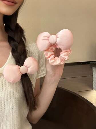 1pc Women's Multi-Color Pink Red Bow Scrunchie, Cute Sweet Girly 3D Bow Hair Accessory, Hair Tie Gift, Suitable For Holidays And Everyday Use