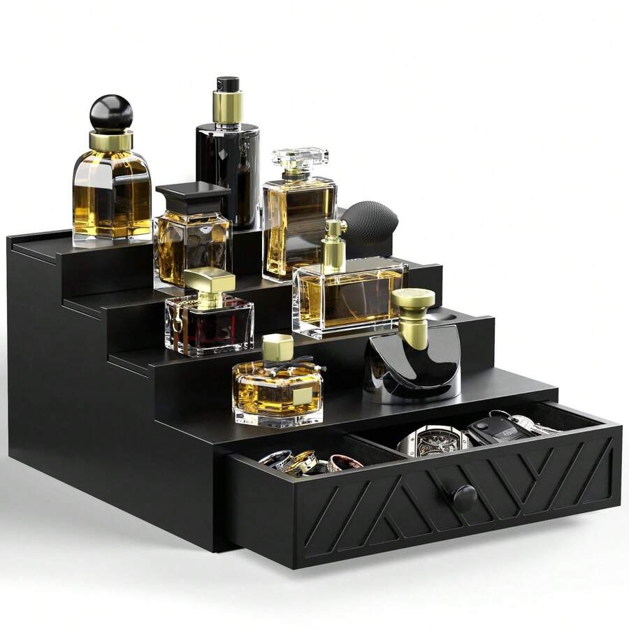 Cologne Organizer For Men, 4 Tier Perfume Organizer With Felt Lining Drawer And Hidden Compartment, Wood Cologne Stand For Watch Jewelry, Black Cologne Perfume Display Holder, Great Gifts For Men - màu đen - Xem 1