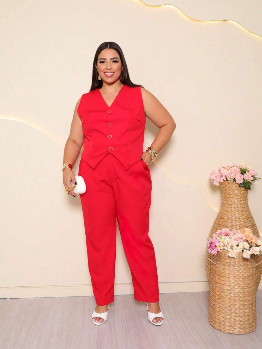 Women's Plus Size Tailored Pants And Vest Set - Elegant - Merah - View 1