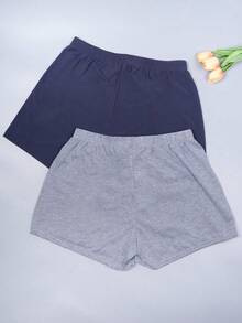 2 chiếc quần short nữ màu trơn dệt kim có dây rút, kiểu dáng thoải mái để mặc ở nhà và ngủ, phù hợp cho mùa xuân, hè và thu. - Nhiều màu - Xem 2