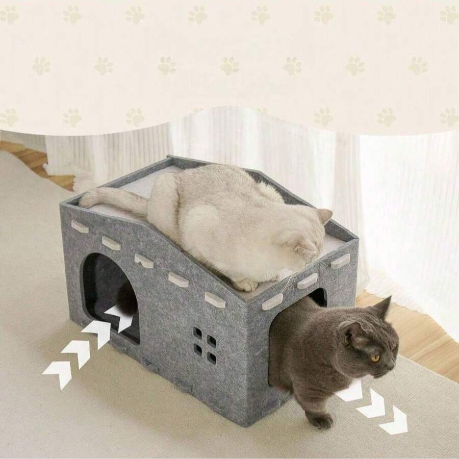 二合一可折叠封闭式猫屋兼猫抓板，毛毡材质，适合小型至中型猫咪 - 彩色 - 查看 1