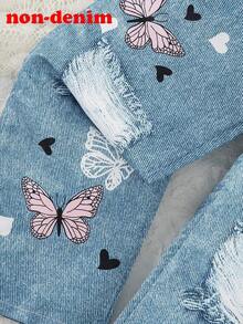 2 pezzi/set Ragazza giovane Maglietta casual con stampa farfalla + Pantaloni larghi con stampa simil-jeans, leggeri e confortevoli, adatti per uso esterno - Fucsia - Visualizzare 6