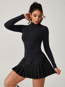 NcmRyu 1pc Women's Fashion Mock Neck Half Zip Pleated Hem Anti-Flashing Safety Shorts Waist Cinched Sports Jumpsuit Dress - View 8