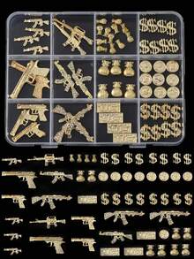 Bộ 62 món/hộp trang trí móng tay hình súng trường Desert Eagle, AK, tiền xu kiểu Y2K mạ vàng, phụ kiện móng tay 3D sang trọng, cá tính, dụng cụ làm móng Hàn Quốc/Nhật Bản, móng giả tự làm không mùi, trang trí ốp điện thoại, trang sức móng tay, đá trang trí móng, dụng cụ làm móng, đá đính và quà tặng trang trí. - Vàng - Xem 5