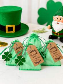3pcs/Set St. Patrick's Day Lucky Clover Keychain Gift Box Set, Green Themed Party Favors, Set Includes Keychain, Green Drawstring Bag And Kraft Paper Thank You Card, Irish St. Patrick's Day Souvenir, St. Patrick's Day Party Favor Decoration Bag, Lucky Bag, Gift Packaging Bag - Multicolor - View 6