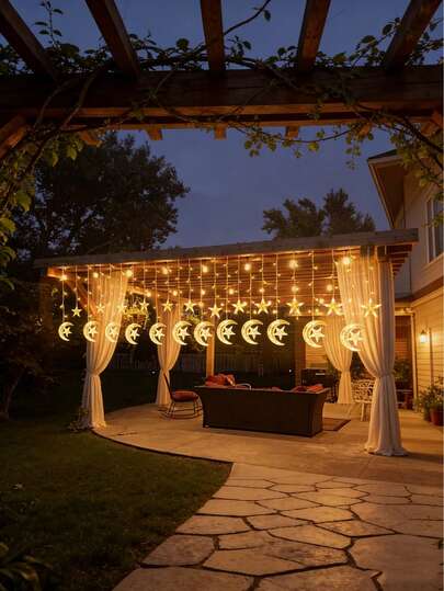 1 قطعة أضواء خيط LED بشكل القمر والنجوم - رمضان عيد الفطر/عيد الحب/رأس السنة، ديكور حفلات داخلية وخارجية هدية