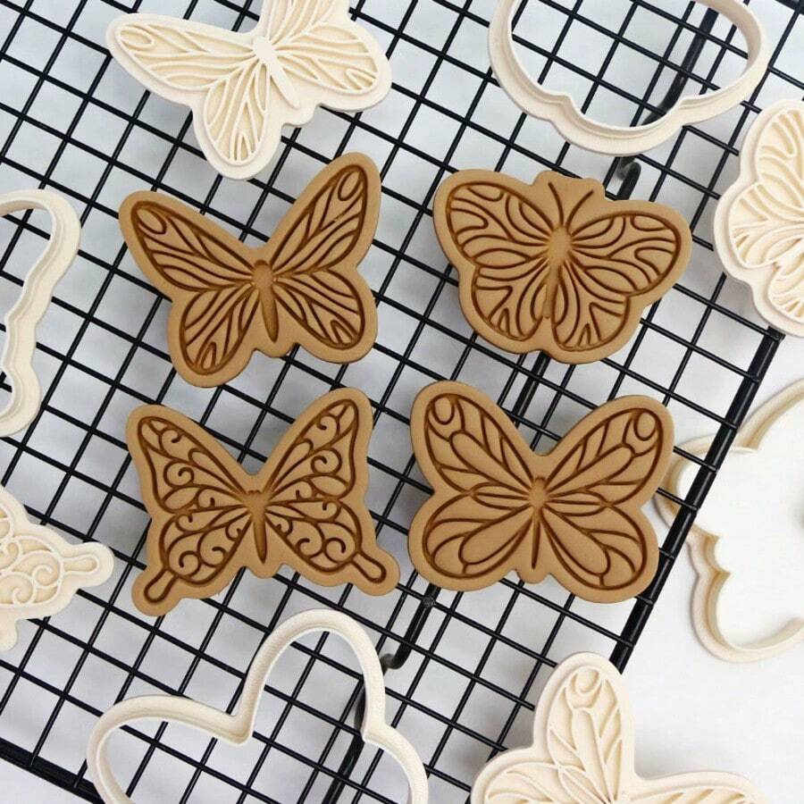 1个7*6厘米蝴蝶饼干模具卡通烘焙DIY翻糖模具3D压制糖霜饼干模具 - 白色 - 查看 1