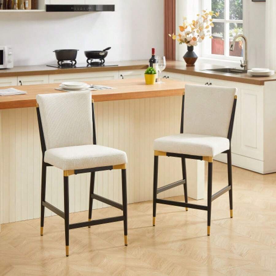 Set Of 2 Counter-Height Bar Stools, Scandinavian Style, With Rectangular Footrest, Black And Gold Frame And Cream-Colored Fabric Cushion, Ideal For A Kitchen Island Or Bar. - Beige - View 1