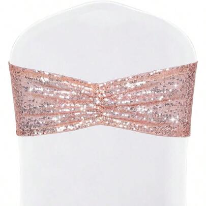 Pack Of 50 Sequin Chair Sashes Rose Gold Glitter Bows Bands For Wedding Banquet Party Decor