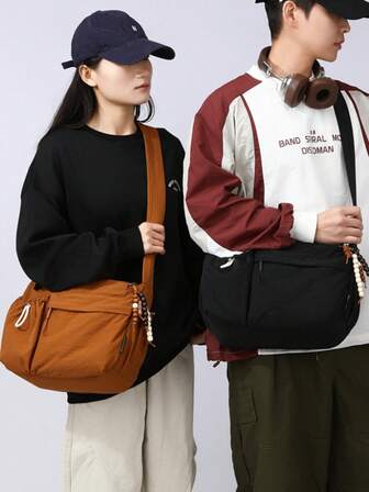 Adjustable Strap Black Shoulder Bag, Crossbody Bag, Casual Couple Backpack, Multi-Layer Messenger Bag With Compartments, Brown