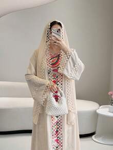 2pcs Women's Elegant Party Dress Set, Including 1 Lace Trim Robe, 1 Sleeveless Slip Dress, And 1 Headscarf