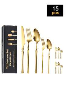 15/30/40件套不锈钢餐具套装，刀叉勺西式餐具套装，适用于露营、野餐、户外厨房、家庭厨房、餐厅、酒店、婚礼等场合。 - 金色 - 查看 7