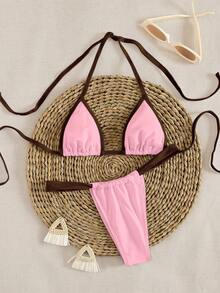 Bộ bikini hai mảnh tam giác siêu nhỏ, màu trơn, kiểu buộc dây cổ, thanh lịch, gợi cảm, thích hợp cho các bữa tiệc mùa hè, đi biển, nghỉ mát. - nâu hồng - Xem 2