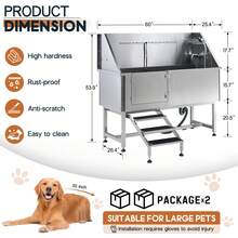 Stainless Steel Dog Washing Station With Anti-Slip Steps, Sprayer, Faucet, And Soap Box – Professional Pet Bathtub For Medium And Small Pets, Ideal For Home, Garage, And Grooming, Left Ramp