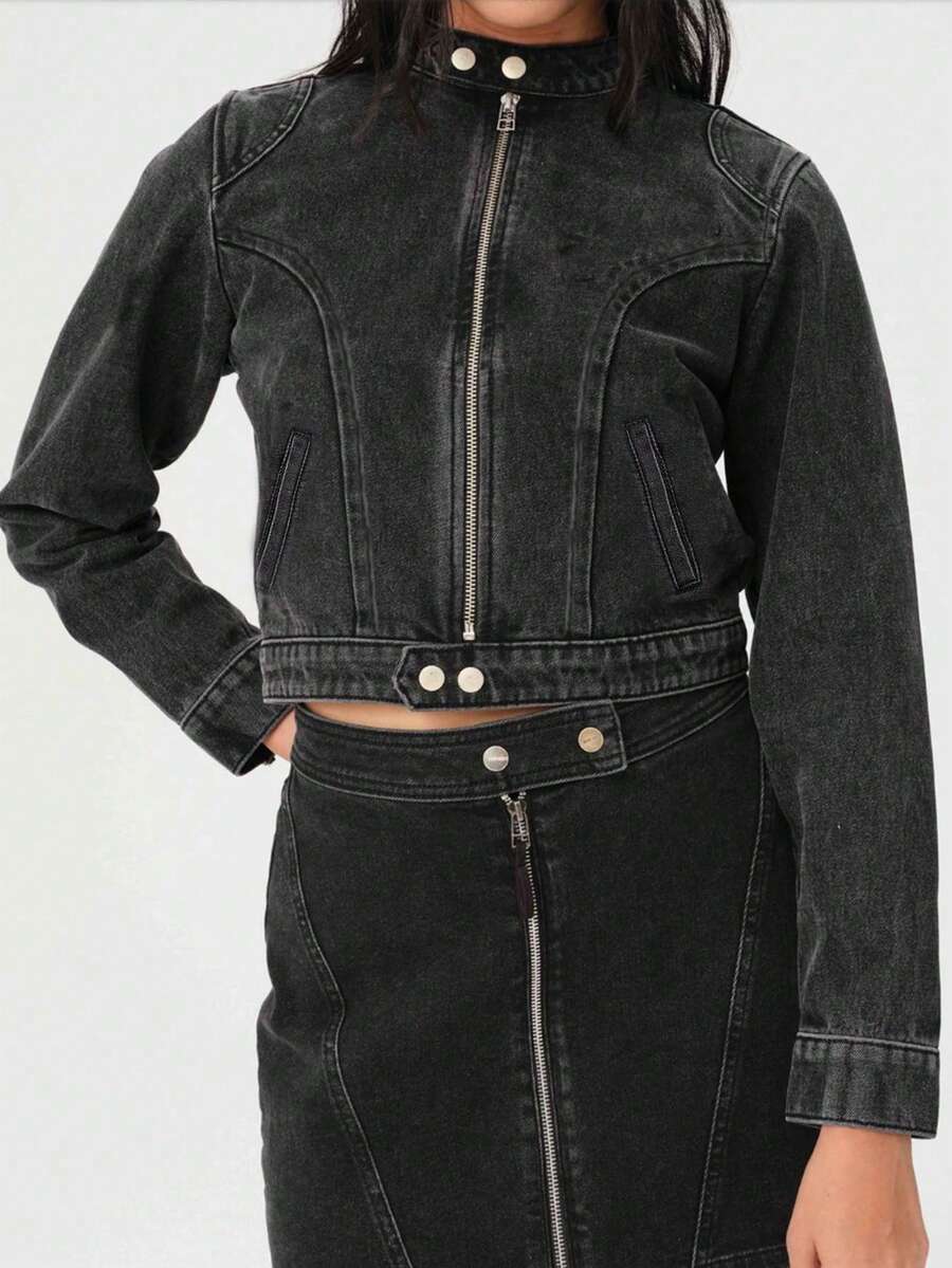 1pc Solid Color Denim Zip Pocket Denim Jacket, Cropped Length, All Cotton Vintage Washed Distressed Motorcycle Style, Suitable For Y2K, Daily, Birthday Party, Back To School Party, Stage And Concert, Spring/Summer/Autumn/Winter - Black - View 1