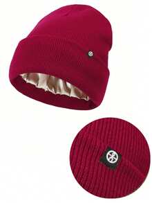 1顶男女通用纯色真丝内衬折叠针织帽，保暖冬季情侣帽，带logo标签，时尚护耳保暖帽 - 彩色 - 查看 25