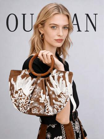 New Retro Embroidered Round Handle Handbags For Woman, Light And Casual Tote Bags For Ladies, Elegant And Versatile Dinner Bag, Stylish Commuter Bag, Suitable For Parties, Vacations, Shopping, Commuting, Weddings, Holiday Gifts.