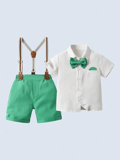 BOARNSEORL 2 Pieces Young Boys Gentleman Outfit, Including Collared Shirt With Bowknot And Suspender Shorts, Fashionable And Elegant For Birthday, Christening, Party And Daily Wear