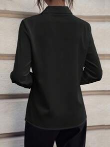 QIANZHIDU 女士经典白色商务衬衫，长袖，领口饰有圆环，常规版型，缎面质感，优雅白色长袖翻领衬衫，时尚圆环点缀，法式休闲纯色长袖衬衫，商务、面试、通勤、休闲、优雅 - 黑色 - 查看 3