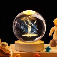 1个USB供电3D水晶球LED夜灯，带木质底座，家居及房间装饰夜灯，太阳系、月亮、星系、土星图案3D夜灯，室内桌面装饰灯，情人节及生日礼物，送给朋友和同学 - 黃色 - 查看 22