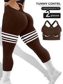 2pcs Stripe Detail Seamless High-Waist Women's Sports Leggings, High-Elasticity Abdomen-Tucking Leggings, Butt-Lifting & Leg-Slimming Tights, Soft Quick-Dry Breathable Four-Way Stretch Workout Leggings For Women,Multi-Color Options(Black/Red/Brown) - Màu Khaki - Xem 1