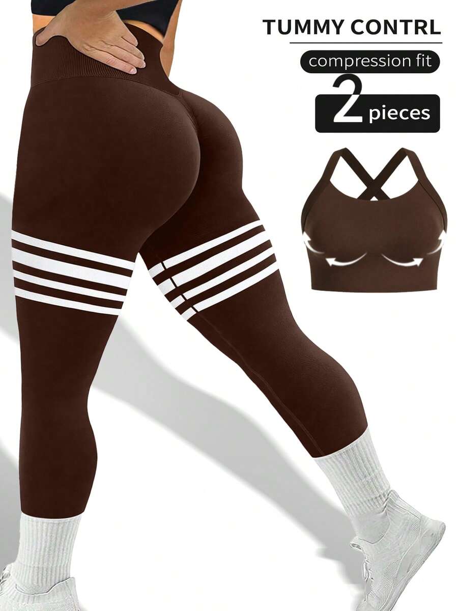 2pcs Stripe Detail Seamless High-Waist Women's Sports Leggings, High-Elasticity Abdomen-Tucking Leggings, Butt-Lifting & Leg-Slimming Tights, Soft Quick-Dry Breathable Four-Way Stretch Workout Leggings For Women,Multi-Color Options(Black/Red/Brown) - Màu Khaki - Xem 1