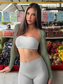 Women Crop Top Long Sleeve Bolero Open Front Workout Cropped Shirts Sports Shrug - 卡其色 - 查看 3