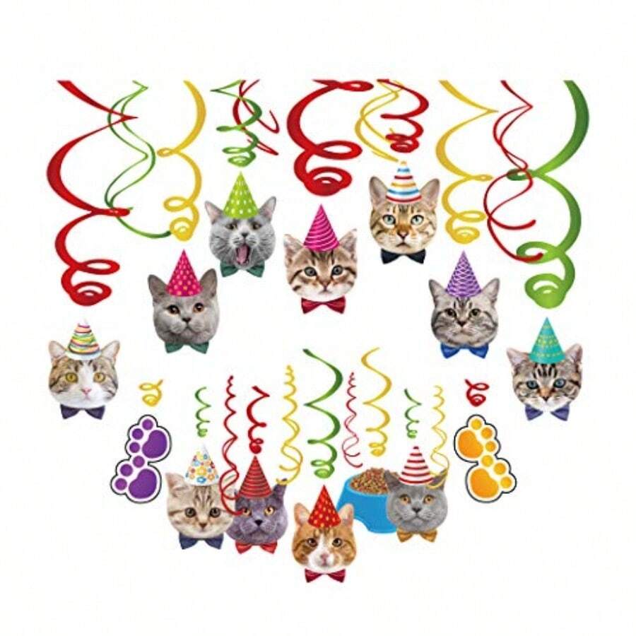 r-30Ct Cat Face anging Swirl rations Kitty Party Supplies Meow appy Birtday Teme r Pet Pr Fun Fur  First 1st Bday - RemolinoColgantedeGato - Ver 1
