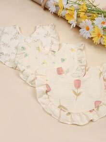 6条/包 柔软透气棉纱婴儿围兜，纯色/花卉荷叶边防水，适合婴儿日常穿着 - 彩色 - 查看 6