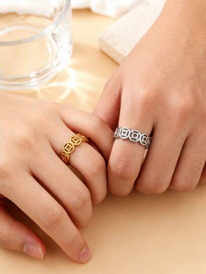 2 件/套 空心幸运铜币戒指，招财戒指，金钱戒指，几何形状，简约风格，4mm 圆弧抛光戒指，情侣不锈钢精致光滑戒指，女士配饰，西式女士珠宝，颜色包括金色、银色、玫瑰金，男女皆宜，适合日常佩戴，可搭配使用，用途广泛。