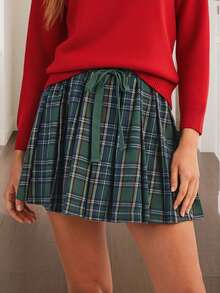 Women Mini Skirt Plaid Print Casual Drawstring Elastic Waist Going Out Pleated Skirt