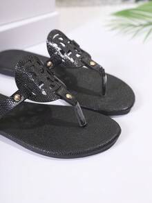 女士时尚休闲简约别致可爱百搭白色亮面平底凉鞋，女士黑色亮面平底凉鞋，女士蓝色亮面平底凉鞋，棕色平底凉鞋，水钻，串珠，居家，舒适，购物，外出，大码，沙滩，夏季，套脚，圆形镂空图案，圆头，平底人字拖 - 黑色 - 查看 7