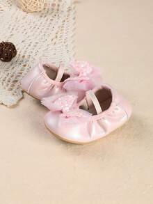 1 Pair Girls' PU Glitter Bow Mary Jane Flat Shoes, Sweet Princess Style, Suitable For 100 Days Celebration, Spring/Autumn - Pink - View 4