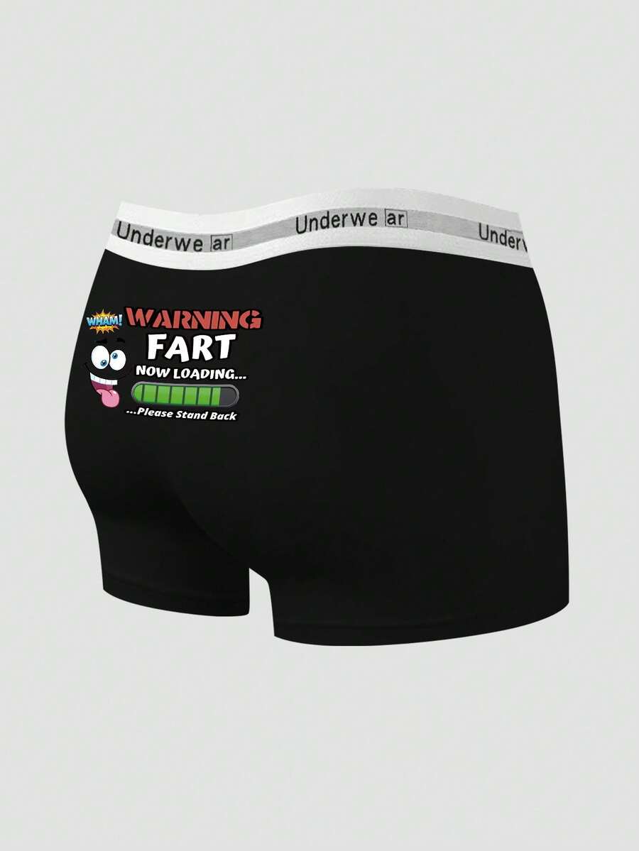 Men's Black Printed Boxer Briefs With Smiling Face, Letter Graphic Pattern, & Stretchy Everyday Underwear - Black - View 1