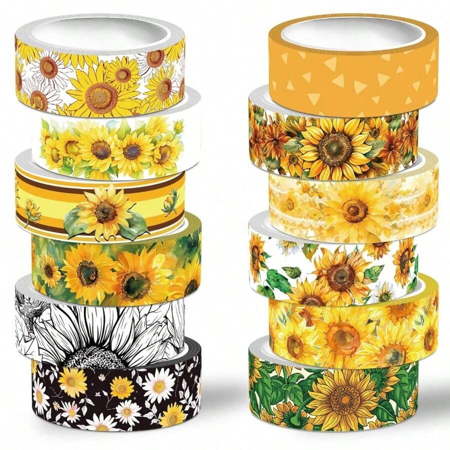 Sunflower Washi Tape Set, 12 Rolls Floral Decorative Tape Yellow Summer Flowers Masking Tape Journaling Supplies, Junk Journal, Scrapbooking, Arts Crafts, Planner, Wrapping - Multicolored - View 1