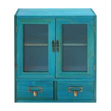 Rainaut Set Of Freestanding Solid Wood Blue Rustic Vintage Mini Wood Counter Top Cabinet With 2 Drawers,Display Case With Magnetic Glass Door, Wall Storage Cabinet For Living Rooms, Kitchens, Offices, Bathrooms, Laundry Rooms, Dressing Rooms, Dormitories, Bedrooms, , And Other Places,Bue - 藍色 - 查看 3