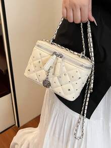 1pc BEIKAMU Unique Design Rhombus Pattern Handbag Box Type Bag, Fashionable Lipstick & Coin Purse, Elegant Chain Shoulder Crossbody Bag (Comes With Cherry Pendant) - White - View 5