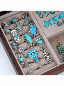 Bộ nhẫn phong cách Bohemian khảm đá ngọc lam, thiết kế kết hợp hoa/sừng hươu/hoa sen, phụ kiện thời trang cho đeo hàng ngày. - Màu Bạc Cổ - Xem 2