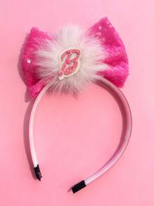 1pc Sparkle Bow, Beaded Alphabet Design Hairband With Green & Pink Fluffy Pom Poms, Fashionable And Cute Hair Accessory For Everyday And Celebrity Looks Party Halloween - Pink - View 2