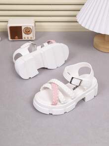 1 Pair Girls' Outdoor Sandals, New Summer Design, Round Toe Woven Criss-Cross Hook And Loop, Fashionable & Elegant, Lightweight & Non-Slip, Girls' High Heel Sandals - Beige - View 7