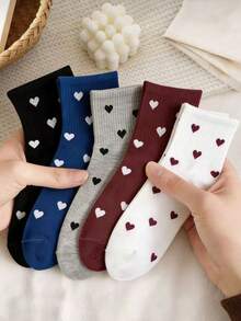 5 Pairs Women's Heart Pattern Socks, Versatile Korean Style, Random Assortment - Multicolor - View 2