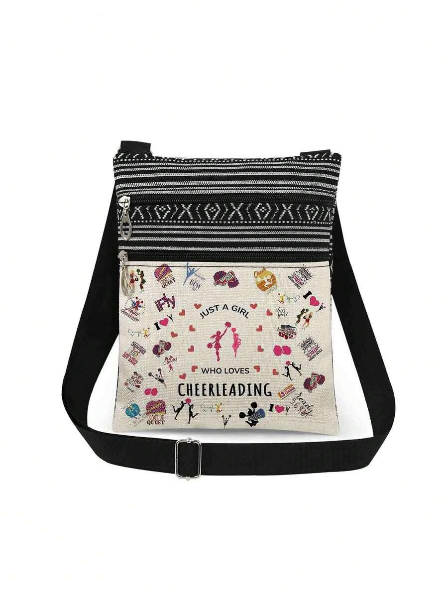 Just Loves Series Cheerleader Pattern Crossbody Bag, Unisex Reusable Shoulder Bag, Classic Versatile Messenger Bag, Retro Sweet Heart & Letter Print Storage Bag, Adjustable Strap, Party Gift, Just Loves Series Fans Gift, Cheerleader Gift