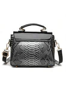 女士时尚漆皮鳄鱼纹手提包 [M]，可调节宽肩带，轻便单肩包，适合日常通勤、旅行、购物等多种场合。 - 黑色 - 查看 7