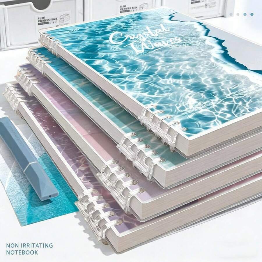 Caiet spiralat ondulat frumos, 120 de pagini A5/B5 - (Compact și portabil) Design pastelat albastru moale cu ocean, temă plajă cu păr frumos - Potrivit pentru școală, birou, studenți, profesori, pentru întoarcerea la școală, cadou ideal pentru prieteni - Legare durabilă și hârtie de înaltă calitate