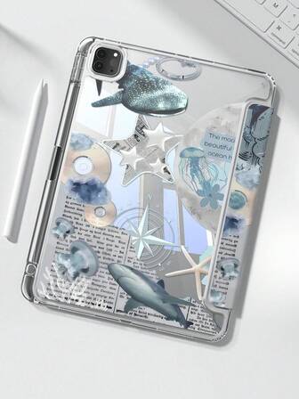 The Beautiful And Cute Cartoon Marine Animal Whale, Shark, Starfish, Jellyfish, Double-Sided Painted Acrylic Transparent Crystal Back Cover Is Shockproof And Suitable For IPad 7th Generation, 8th Generation (10.2 Inches), And 10th Generation. It Has A Built-In Pen Slot And Supports Sleep And Wake-Up Functions/Multiple Folding Stand Methods.New Year's Christmas Gift For 2026