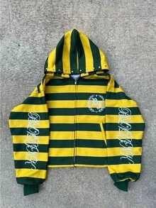 Retro Striped Letter Print Unisex Zip-Up Hooded Sweatshirt, Oversize Casual Hoodie, Vintage Sudaderas Para Hombre - 黃色 - 查看 1