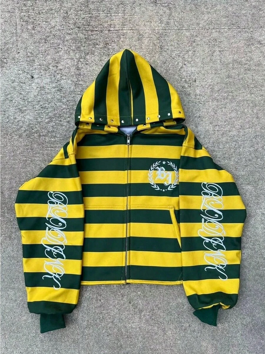 Retro Striped Letter Print Unisex Zip-Up Hooded Sweatshirt, Oversize Casual Hoodie, Vintage Sudaderas Para Hombre - 黃色 - 查看 1