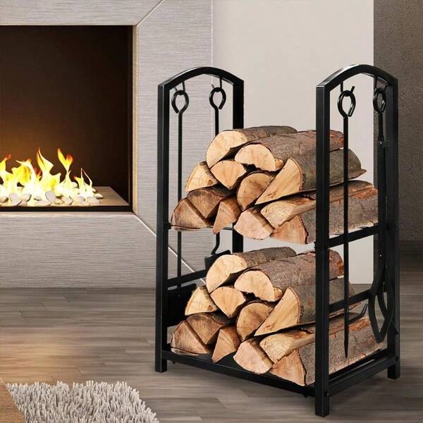 Firewood Storage Rack Metal Fireplace Rack 2-Tier Small Indoor Outdoor 4 Fireplace Tool Hooks Log Wood Holder Steel Large Holder Storage Raised Base For Garden Beside Fire Pits